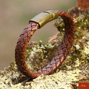 Men’s Brown Braided Leather Bracelet 6.5" Wrist Antique Brass Clasp Handmade(214